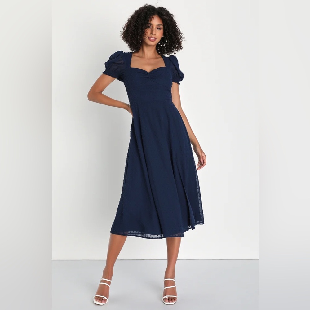 Lulu’s Romance Abounds Navy Swiss Dot Puff Sleeve A-Line Midi Dress NWOT